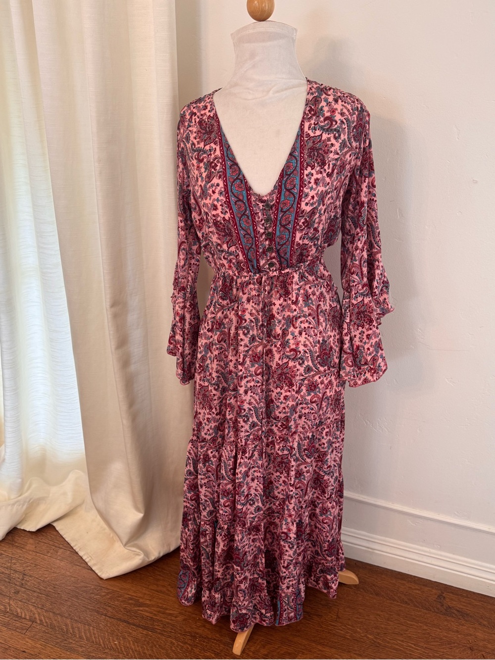 Boho Paisley V-Neck Pink Tiered Maxi Dress
